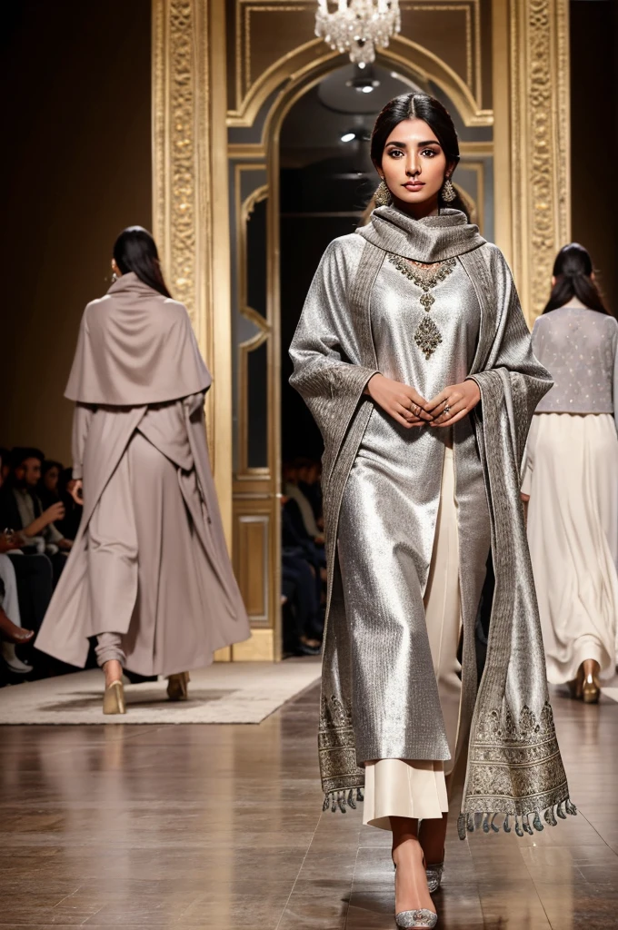 Create an image of a Kashmiri model walking down the runway at Paris Fashion Week. She is wearing a traditional Pheran with intricate Pashmina shawls. Her outfit includes detailed embroidery and she accessorizes with silver jewelry. The backdrop of the runway has an elegant Parisian theme.