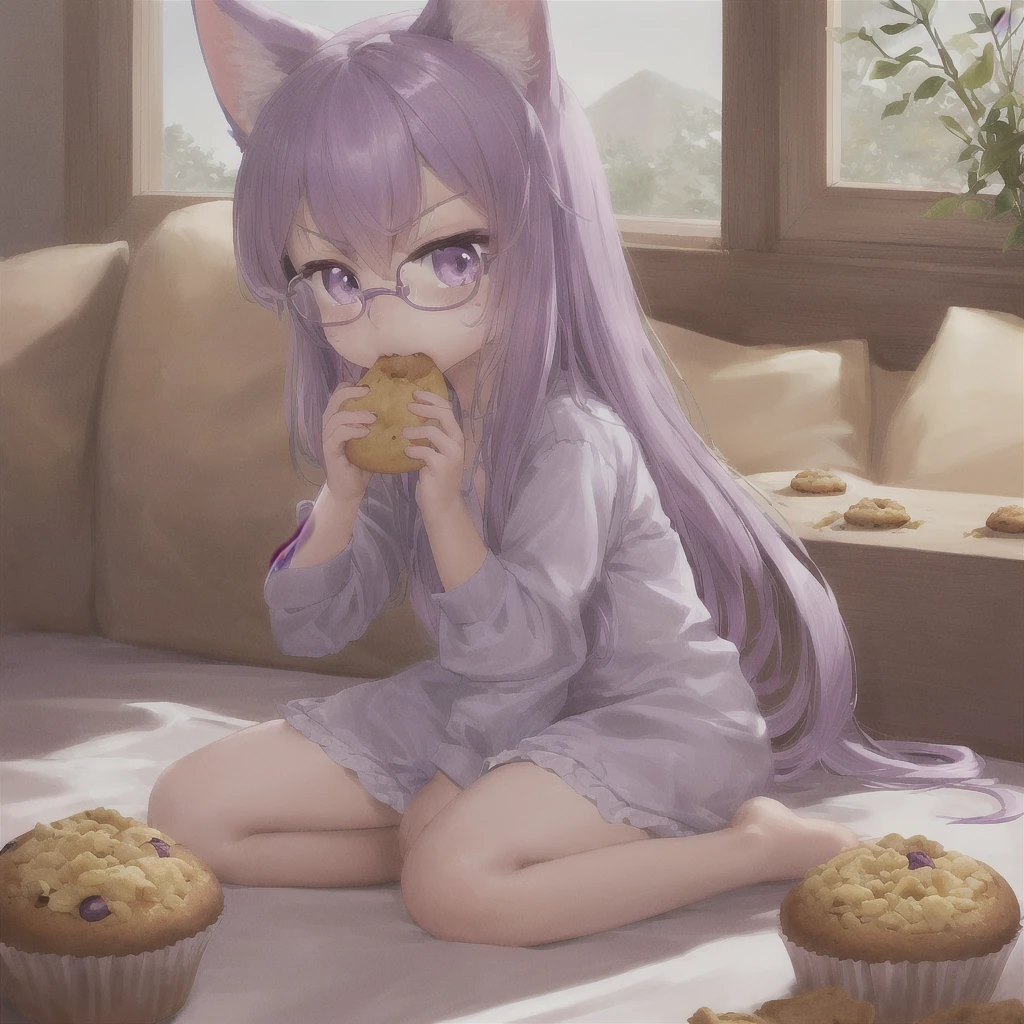 ((masterpiece)), (best quality), (ultra-detailed), photorealistic, (best illustration), ((an extremely delicate and beautiful)), 1boy, solo, long hair, lilac cat ears, [:lilac cat tail under:0.2], full body, very young, Cute, angry, eating muffin, territorial, hiding food from viewer, purple eyes, shortstack, ???, Crumbs on cheeks, glasses. 