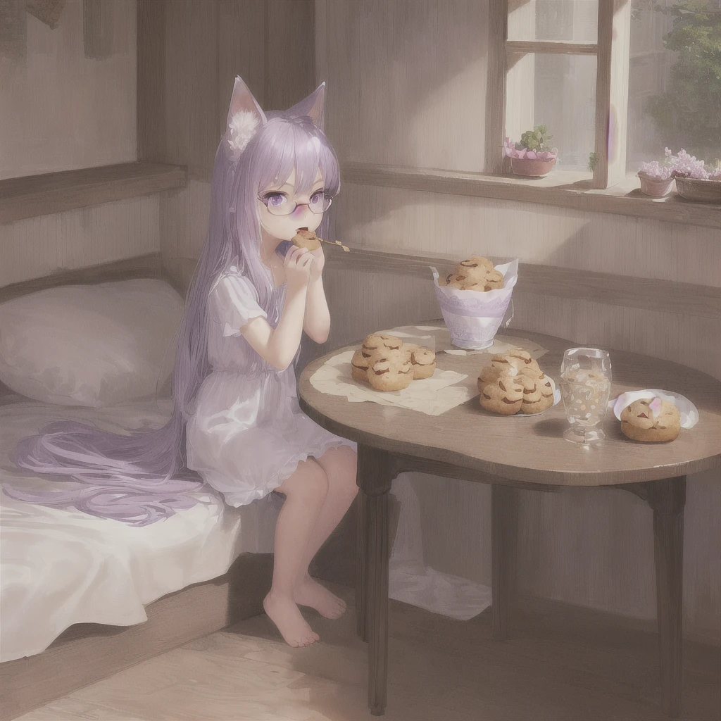 ((masterpiece)), (best quality), (ultra-detailed), photorealistic, (best illustration), ((an extremely delicate and beautiful)), 1boy, solo, long hair, lilac cat ears, [:lilac cat tail under:0.2], full body, very young, Cute, angry, eating muffin, territorial, hiding food from viewer, purple eyes, shortstack, ???, Crumbs on cheeks, glasses. 