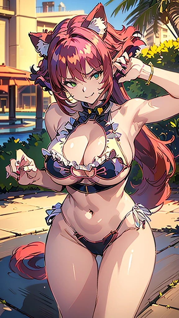 (masterpiece, best quality, ultra-detailed, adult, Cala, 1girl, solo)(edgcatlingerie, wearing edgcatlingerie, cat cutout, cleavage cutout,) (huge_breasts, large breasts)(smiling, winking, red hair, spiky hair, full body, looking at the viewer, female focus)