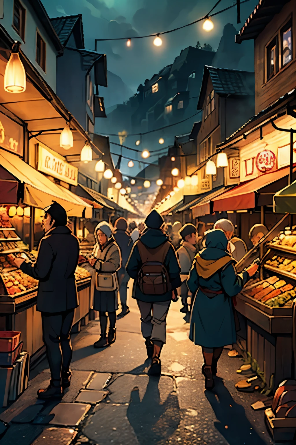 night market of Oxenfurt town, crowded, cinematic light,