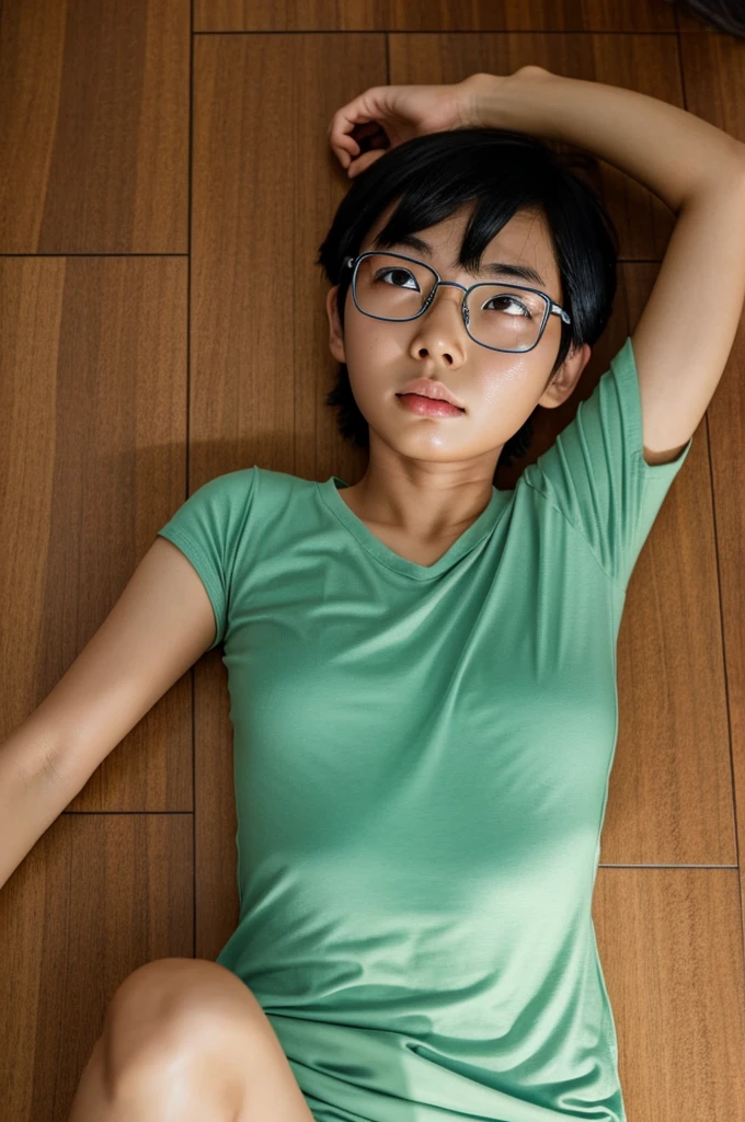 The figure of "Nobita" lying on the floor and saying her face is tired, sweating because of the hot weather.