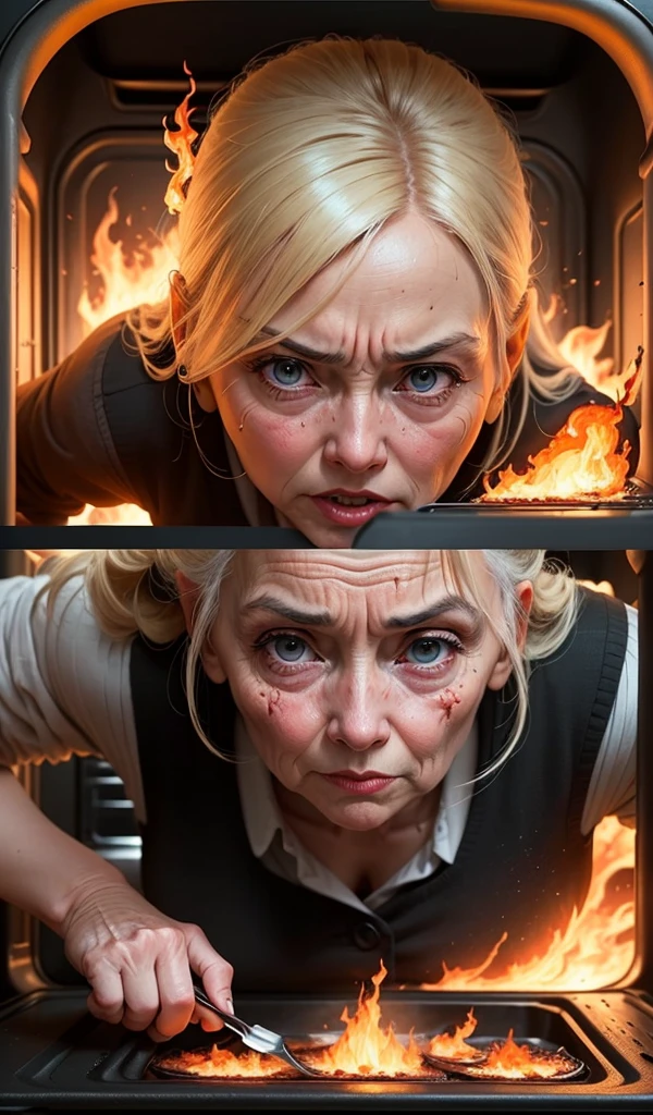 (anime, digital paint, young girl pushing the old woman into the oven, intense and dramatic scene, flames and smoke billowing out, the old woman’s shocked face, close-up on the girl’s determined expression, moment of triumph and tension)