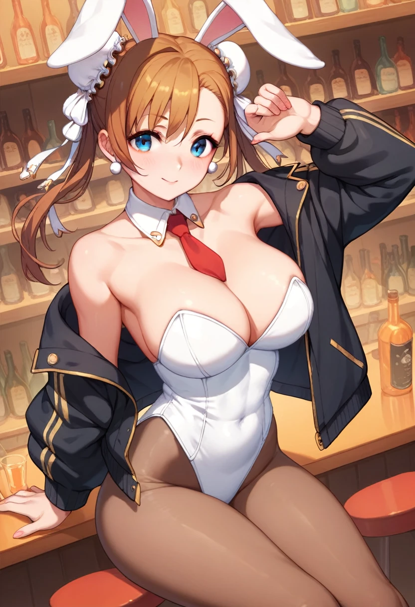 Masterpiece,best quality,Kousaka honoka, blue eyes, white shirt, white leotard, plain brown pantyhose,red necktie, black jacket , breasts,long hair , twintails , rabbit ears,in bar, chun li pose ,cleavage open