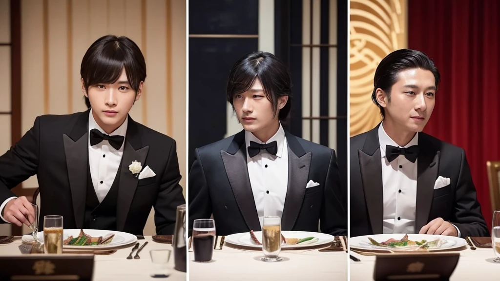 A photo of a man with his bangs down and another with his hair slicked back, Japanese, Luxury Suits, banquet hall