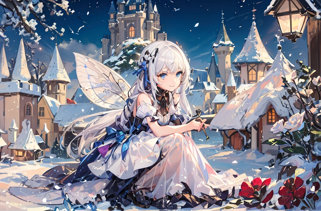 ((best quality,masterpiece,Extremely complex and exquisite details,There is only one beautiful girl with long white straight hair and blue eyes,Smile,long skirt)),(Exquisite light blue and white clothing,Beautiful bright and exquisite ancient style white castle architectural background),(correct anatomy,exquisite face),(Exquisite fantasy dream style,Snow,Falling Flowers,The great outdoors),Sitting