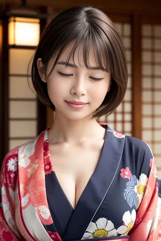 masterpiece、Highest quality、High resolution、Tabletop、wallpaper、Realistic、Bright lighting、Professional Lighting、Face Light、Smooth lighting、Japanese women、Adult female、Beautiful woman、、Modeled、gravure、sexly、so beautiful、Beautiful Skin、Beautiful and exquisite、Detailed face、slim、Large Breasts、Cleavage 、short hair、Brunette colored hair、Brown eyes、Japanese Kimono、Japanese Yukata、(Eyes closed:1.5)、(Expression of enduring pain:1.5)、(Expression of enduring pain:1.5)、The man is in front of the woman、He has his face close to the woman's chest、Love hotel room、
