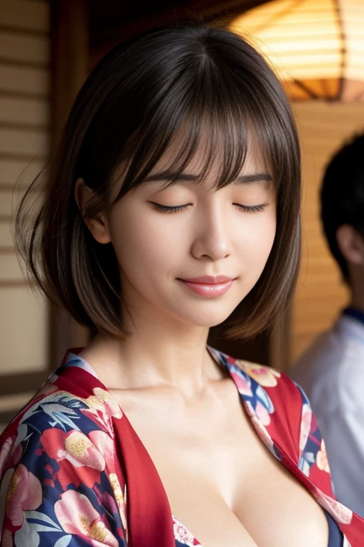 masterpiece、Highest quality、High resolution、Tabletop、wallpaper、Realistic、Bright lighting、Professional Lighting、Face Light、Smooth lighting、Japanese women、Adult female、Beautiful woman、、Modeled、gravure、sexly、so beautiful、Beautiful Skin、Beautiful and exquisite、Detailed face、slim、Large Breasts、Cleavage 、short hair、Brunette colored hair、Brown eyes、Japanese Kimono、Japanese Yukata、(Eyes closed:1.5)、(Expression of enduring pain:1.5)、(Expression of enduring pain:1.5)、The man is in front of the woman、He has his face close to the woman's chest、Love hotel room、