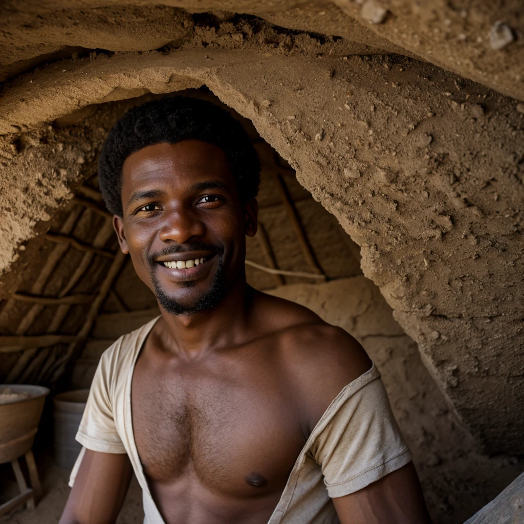Happy haitian man with a fat nose in a clay hut