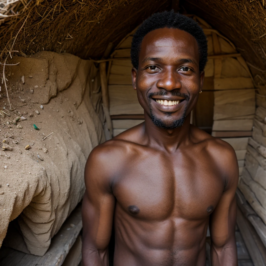 Happy haitian man with a fat nose in a clay hut