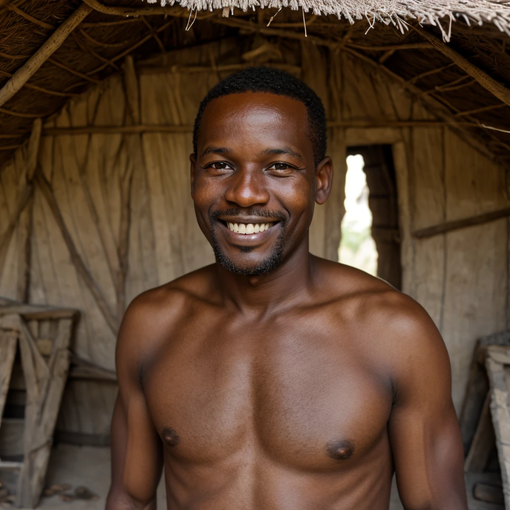 Happy haitian man with a fat nose in a clay hut