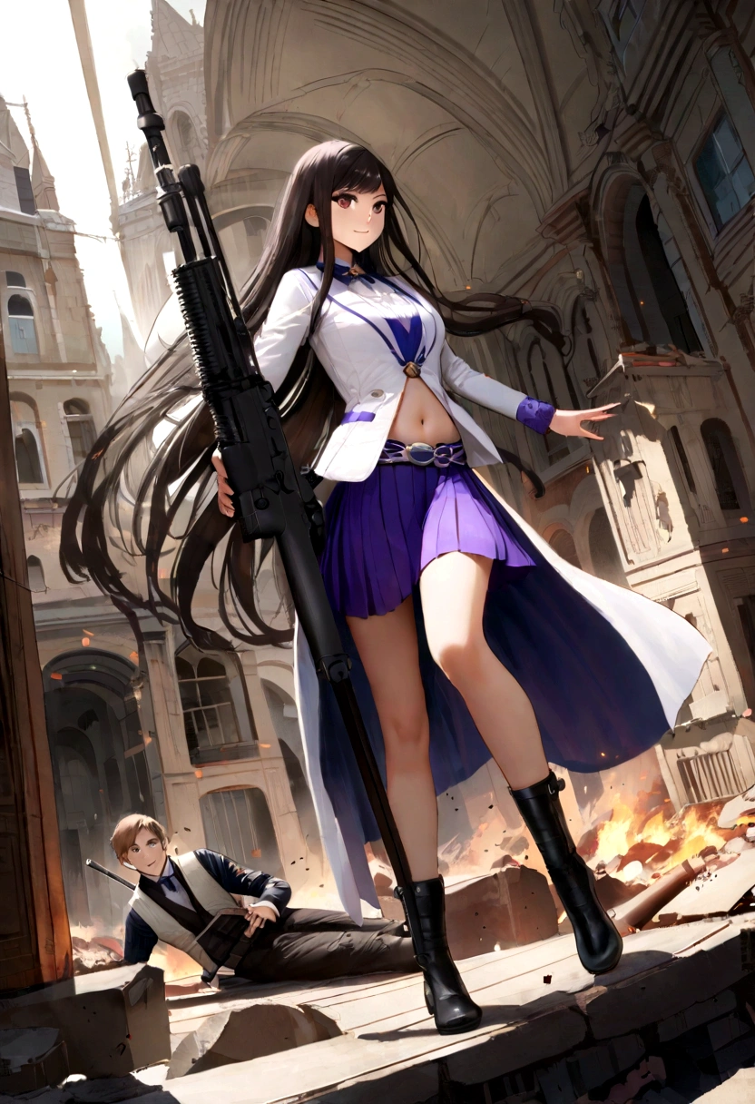 Victoria justice, A female sniper ambushes the roof of a building,Aiming at the enemy,The background contains an explosion.,hyper detailed photography,Mattire,golden ratio,Chinese woman、youth、white vest、short purple skirt、open navel、long white hair、Tall boy、Armed with large sniper rifles.、Red-black hair color、full bodyesbian、photorealestic、skin reflections、largeeyes、perfect anatomy,Reclining