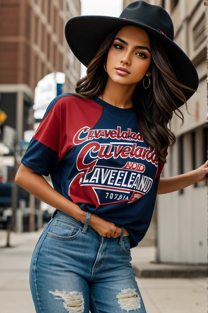 Beautiful Hispanic model on a Cleveland guardian shirt and hat
