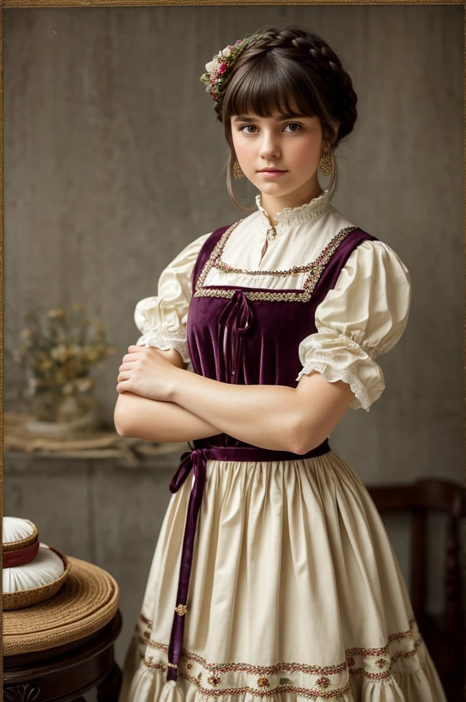very beautiful girl, Russian,18 years, Dress, High quality fabrics, бальные Dress сине-фиолетового цвета, pleated, Flounced, puffs, velvet, embroidery, braid, artificial flowers, buttons, ruffles, apron-shaped folds, as well as various jewelry, a lot of fabric, Decoration Materials; Have bangs, Hair dark brown, pretty haircut; 19th century, "color photography"