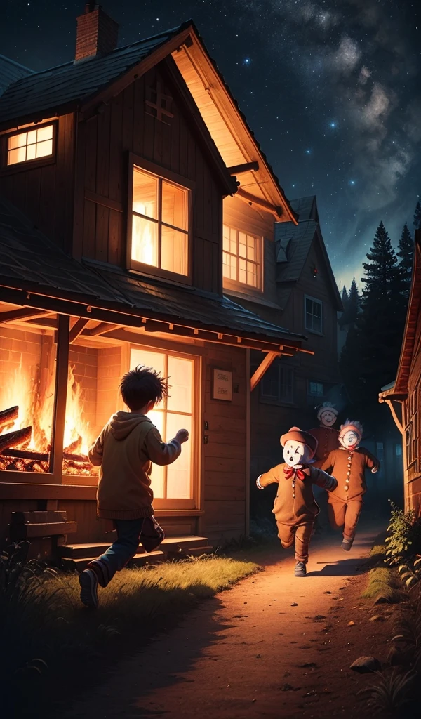 (anime, digital paint, children running from the gingerbread house, scared expressions, house in flames behind them, night sky illuminated by the fire, forest path ahead, sense of urgency and relief)