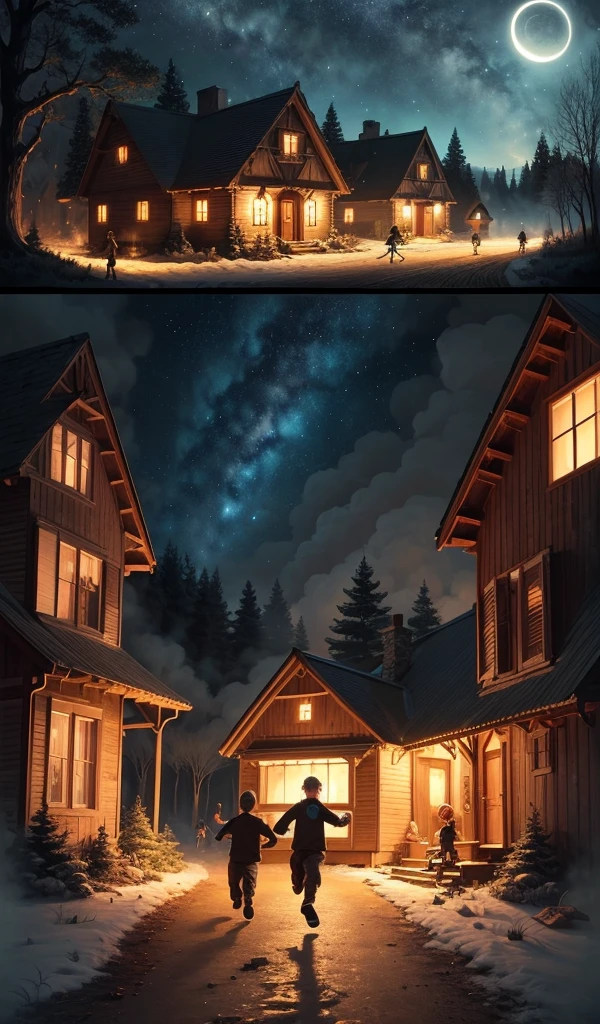 (anime, digital paint, children running from the gingerbread house, scared expressions, house in flames behind them, night sky illuminated by the fire, forest path ahead, sense of urgency and relief)