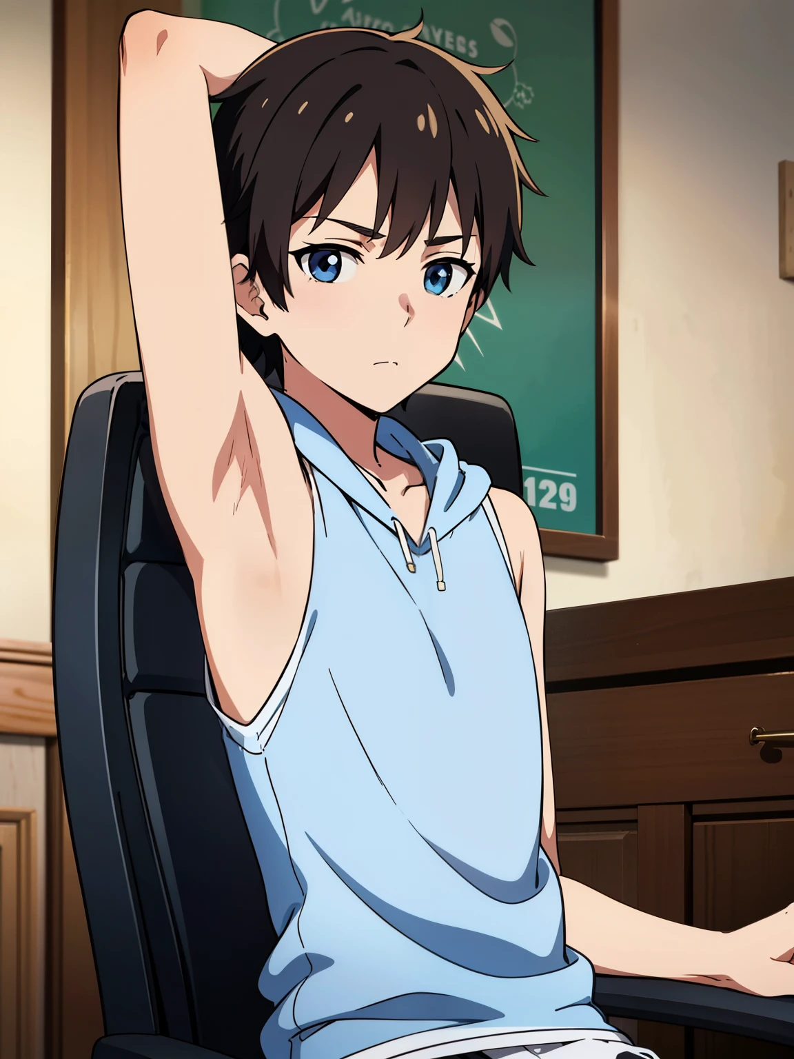 Highres, Masterpiece, Best quality at best,Best Quality,hight quality, hight detailed, Anime screencap style, 1boy, Shota, , Solo, was relaxing in a chair, holding the back of his head, tank top, sleeveless hoodie, Seen from the front, look at viewer, (very young boy), (very small and short body), 12-year-olg armpit:1.3), hansome boy, Uhd, 4k, wallpaper