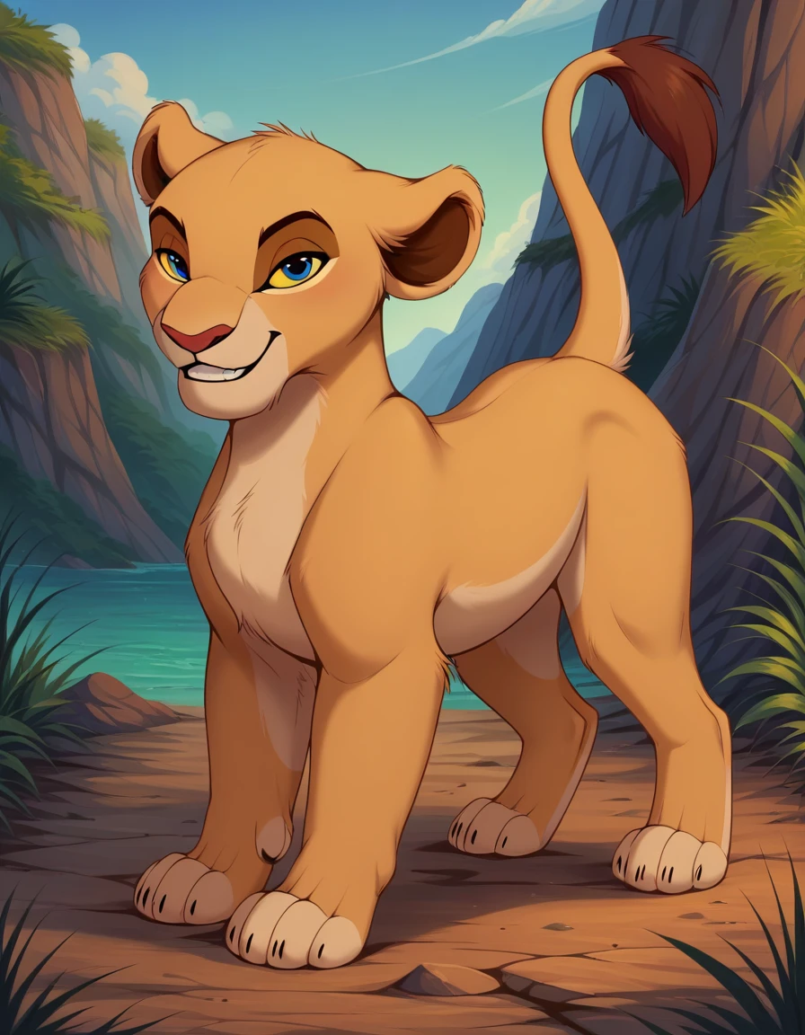 score_9, score_8_up, score_7_up, score_6_up, rating_safe, source_furry, disney, (the lion king:1.2), lioness, (young nala), nala, standing, solo, cute, feral, (4 toes), paws, (blue eyes:1.2), (lidded eyes:1.0), cub, (smile:0.3), open mouth, fang, white teeth, playful, looking at viewer, (dewclaw:0.5),, bedroom eyes, raised tail, solo