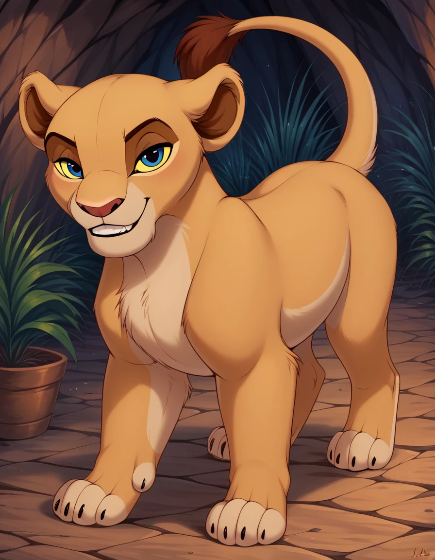 score_9, score_8_up, score_7_up, score_6_up, rating_safe, source_furry, disney, (the lion king:1.2), lioness, (young nala), nala, standing, solo, cute, feral, (4 toes), paws, (blue eyes:1.2), (lidded eyes:1.0), cub, (smile:0.3), open mouth, fang, white teeth, playful, looking at viewer, (dewclaw:0.5),, bedroom eyes, raised tail, solo