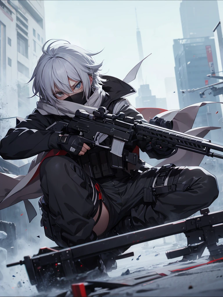 anime character with gun in hand and scarf, an anime drawing inspired by Okumura Togyu, trends on pixiv, neoism, trigger anime art style, Anime main art, white hair, best 4k konachan anime wallpaper, an angry teenage killer, de white hair, male anime character, anime character detailed art, with white sniper No errors Symmetry Right hands Sniper position Short, messy hair Scarf covering the face Black assassin's outfit White sniper painted white white details