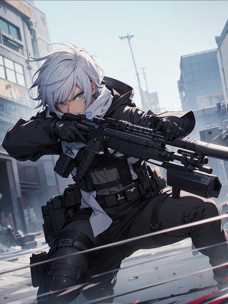 anime character with gun in hand and scarf, an anime drawing inspired by Okumura Togyu, trends on pixiv, neoism, trigger anime art style, Anime main art, white  hair, best 4k konachan anime wallpaper, an angry teenage killer, de white  hair, male anime character, anime character detailed art, with white sniper No errors Symmetry Right hands Sniper position Short, messy hair Scarf covering the face Black assassin&#39;s outfit White sniper painted white white details 
