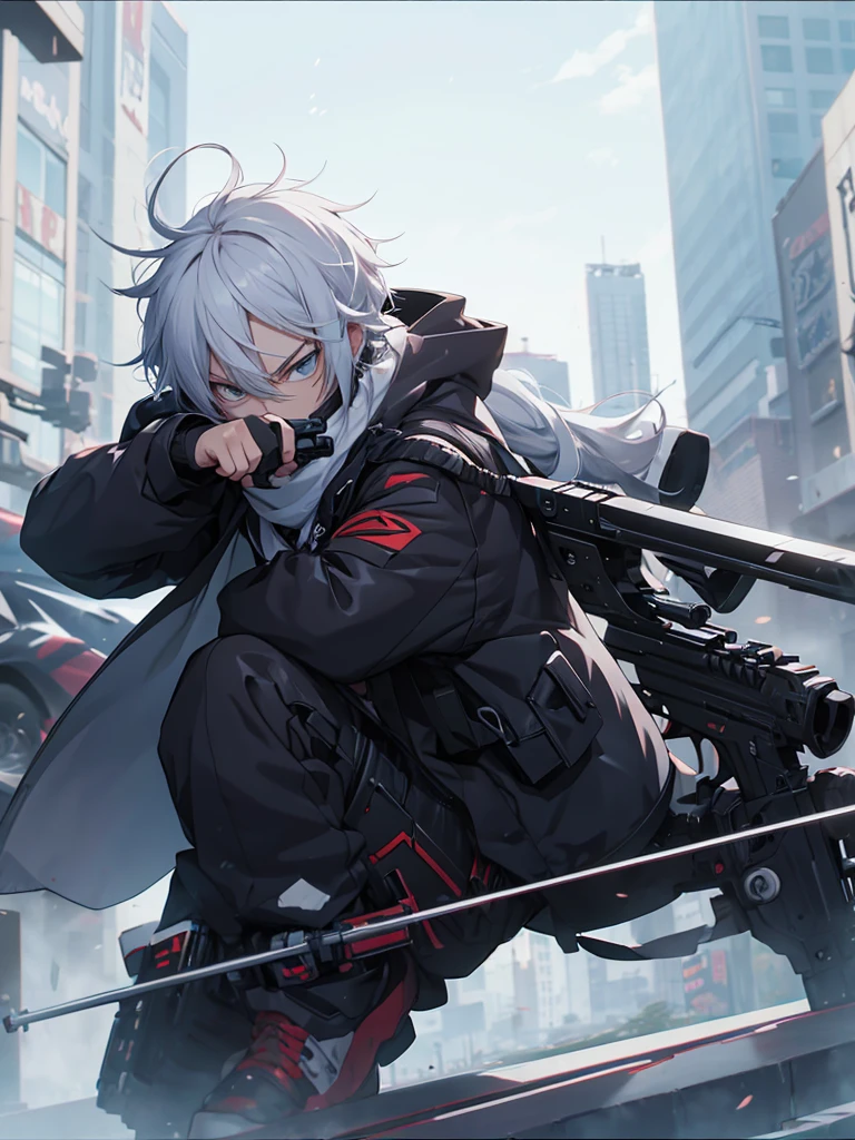 anime character with gun in hand and scarf, an anime drawing inspired by Okumura Togyu, trends on pixiv, neoism, trigger anime art style, Anime main art, white  hair, best 4k konachan anime wallpaper, an angry teenage killer, de white  hair, male anime character, anime character detailed art, with white sniper No errors Symmetry Right hands Sniper position Short, messy hair Scarf covering the face Black assassin&#39;s outfit White sniper painted white white details 