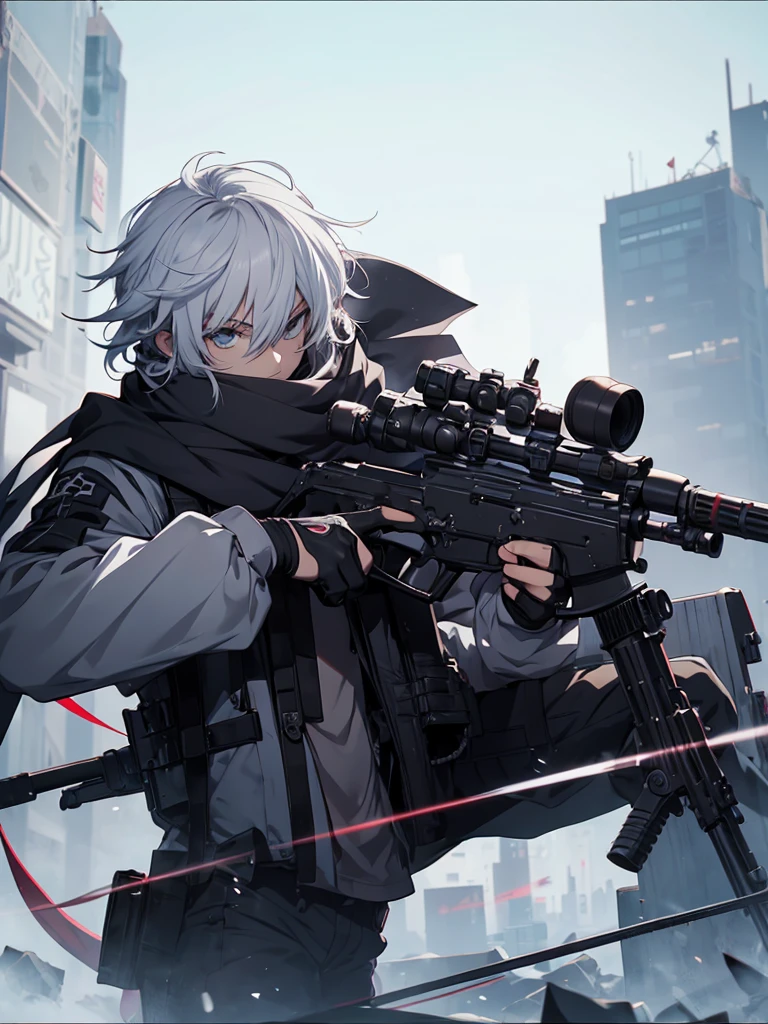 anime character with gun in hand and scarf, an anime drawing inspired by Okumura Togyu, trends on pixiv, neoism, trigger anime art style, Anime main art, white hair, best 4k konachan anime wallpaper, an angry age killer, de white hair, male anime character, anime character detailed art, with white sniper No errors Symmetry Right hands Sniper position Short, messy hair Scarf covering the face Black assassin's outfit White sniper painted white white details