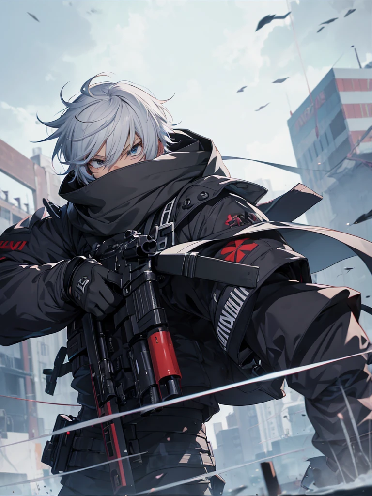 anime character with gun in hand and scarf, an anime drawing inspired by Okumura Togyu, trends on pixiv, neoism, trigger anime art style, Anime main art, white hair, best 4k konachan anime wallpaper, an angry age killer, de white hair, male anime character, anime character detailed art, with white sniper No errors Symmetry Right hands Sniper position Short, messy hair Scarf covering the face Black assassin's outfit White sniper painted white white details