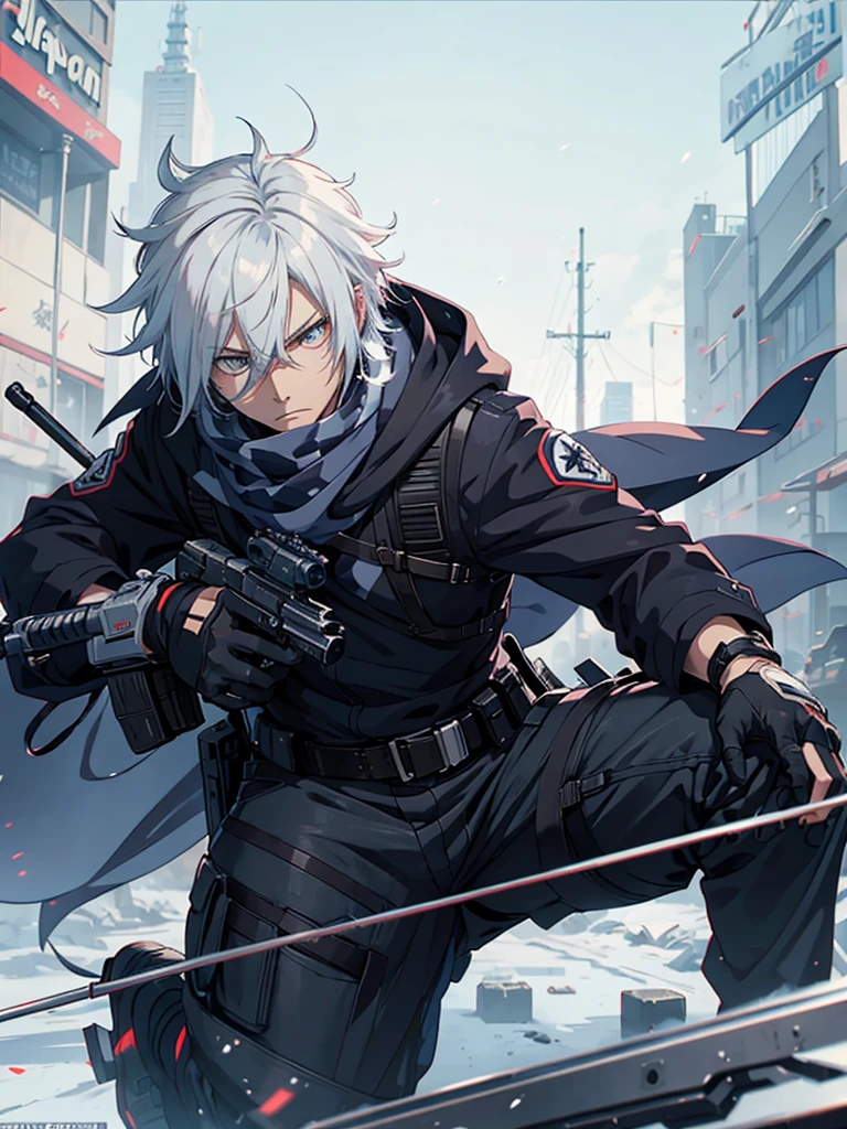 anime character with gun in hand and scarf, an anime drawing inspired by Okumura Togyu, trends on pixiv, neoism, trigger anime art style, Anime main art, white  hair, best 4k konachan anime wallpaper, an angry teenage killer, de white  hair, male anime character, anime character detailed art, with white sniper No errors Symmetry Right hands Sniper position Short, messy hair Scarf covering the face Black assassin&#39;s outfit White sniper painted white white details 