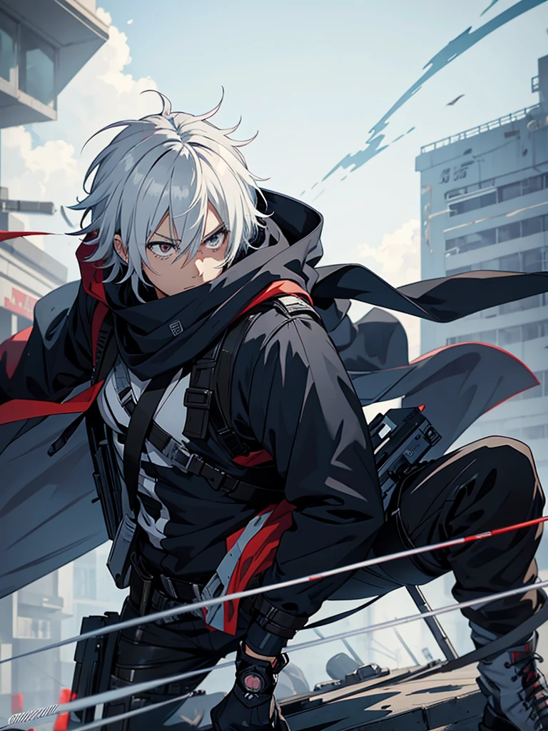 anime character with gun in hand and scarf, an anime drawing inspired by Okumura Togyu, trends on pixiv, neoism, trigger anime art style, Anime main art, white  hair, best 4k konachan anime wallpaper, an angry teenage killer, de white  hair, male anime character, anime character detailed art, with white sniper No errors Symmetry Right hands Sniper position Short, messy hair Scarf covering the face Black assassin&#39;s outfit White sniper painted white white details 