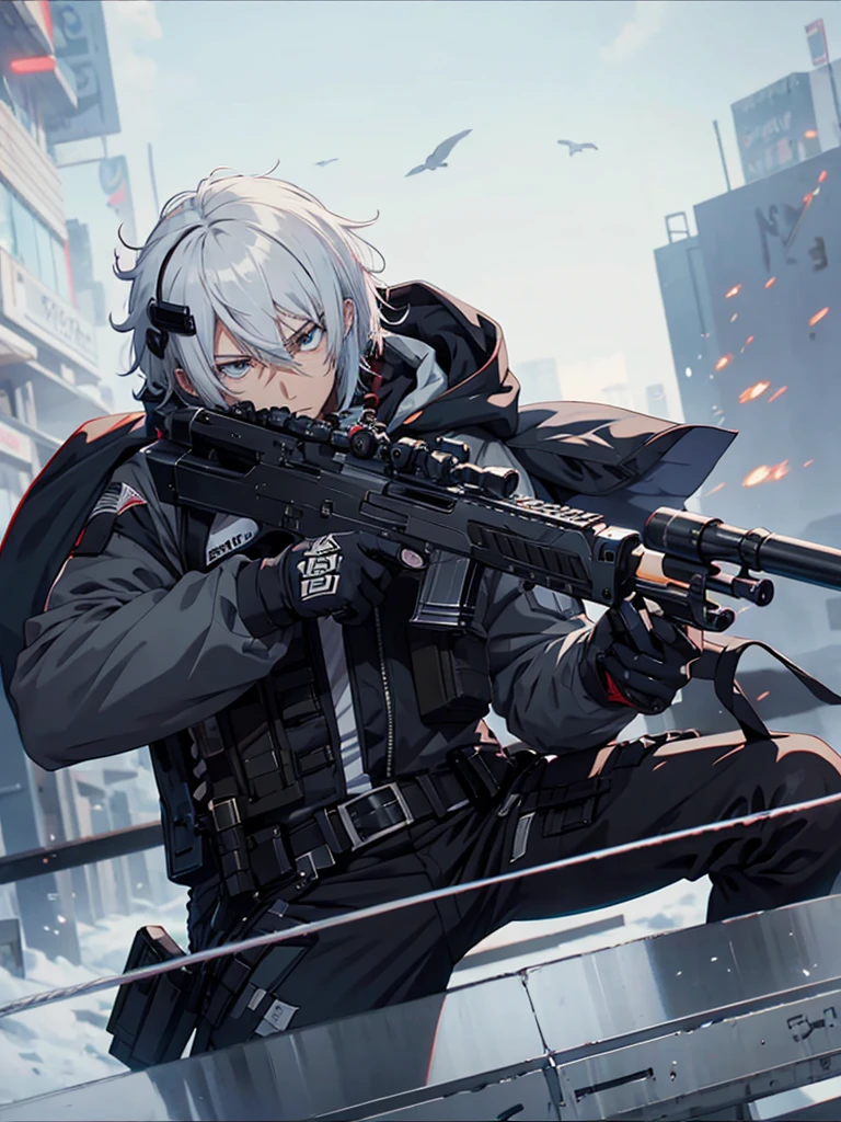anime character with gun in hand and scarf, an anime drawing inspired by Okumura Togyu, trends on pixiv, neoism, trigger anime art style, Anime main art, white hair, best 4k konachan anime wallpaper, an angry teenage killer, de white hair, male anime character, anime character detailed art, with white sniper No errors Symmetry Right hands Sniper position Short, messy hair Scarf covering the face Black assassin's outfit White sniper painted white white details