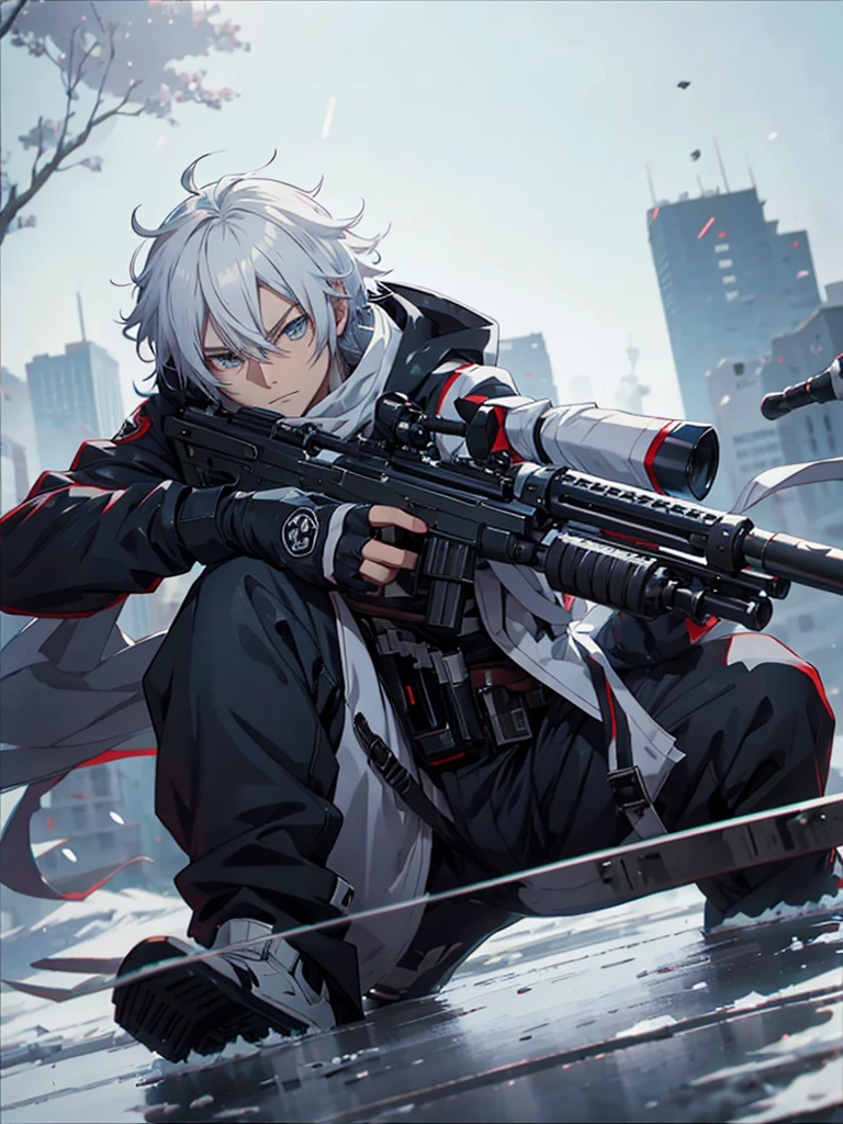 anime character with gun in hand and scarf, an anime drawing inspired by Okumura Togyu, trends on pixiv, neoism, trigger anime art style, Anime main art, white  hair, best 4k konachan anime wallpaper, an angry teenage killer, de white  hair, male anime character, anime character detailed art, with white sniper No errors Symmetry Right hands Sniper position Short, messy hair Scarf covering the face Black assassin&#39;s outfit White sniper painted white white details 
