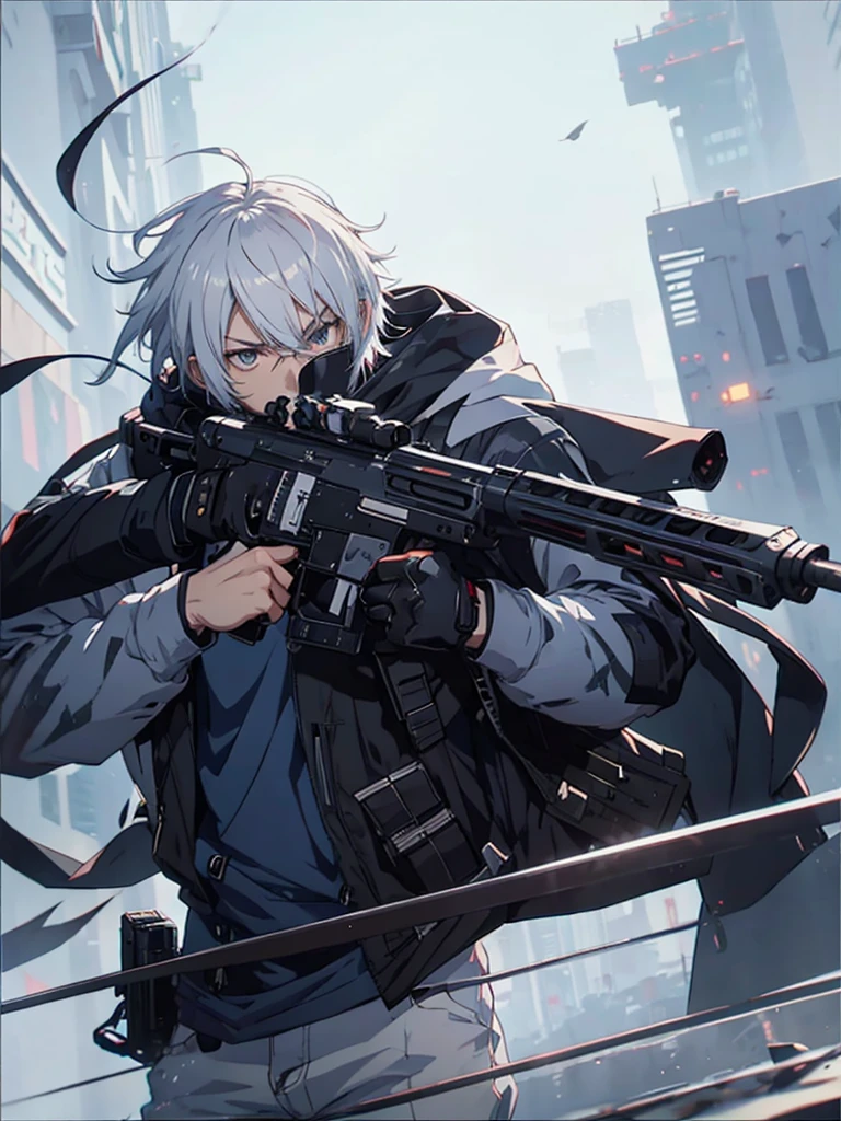 anime character with gun in hand and scarf, an anime drawing inspired by Okumura Togyu, trends on pixiv, neoism, trigger anime art style, Anime main art, white hair, best 4k konachan anime wallpaper, an angry teenage killer, de white hair, male anime character, anime character detailed art, with white sniper No errors Symmetry Right hands Sniper position Short, messy hair Scarf covering the face Black assassin's outfit White sniper painted white white details