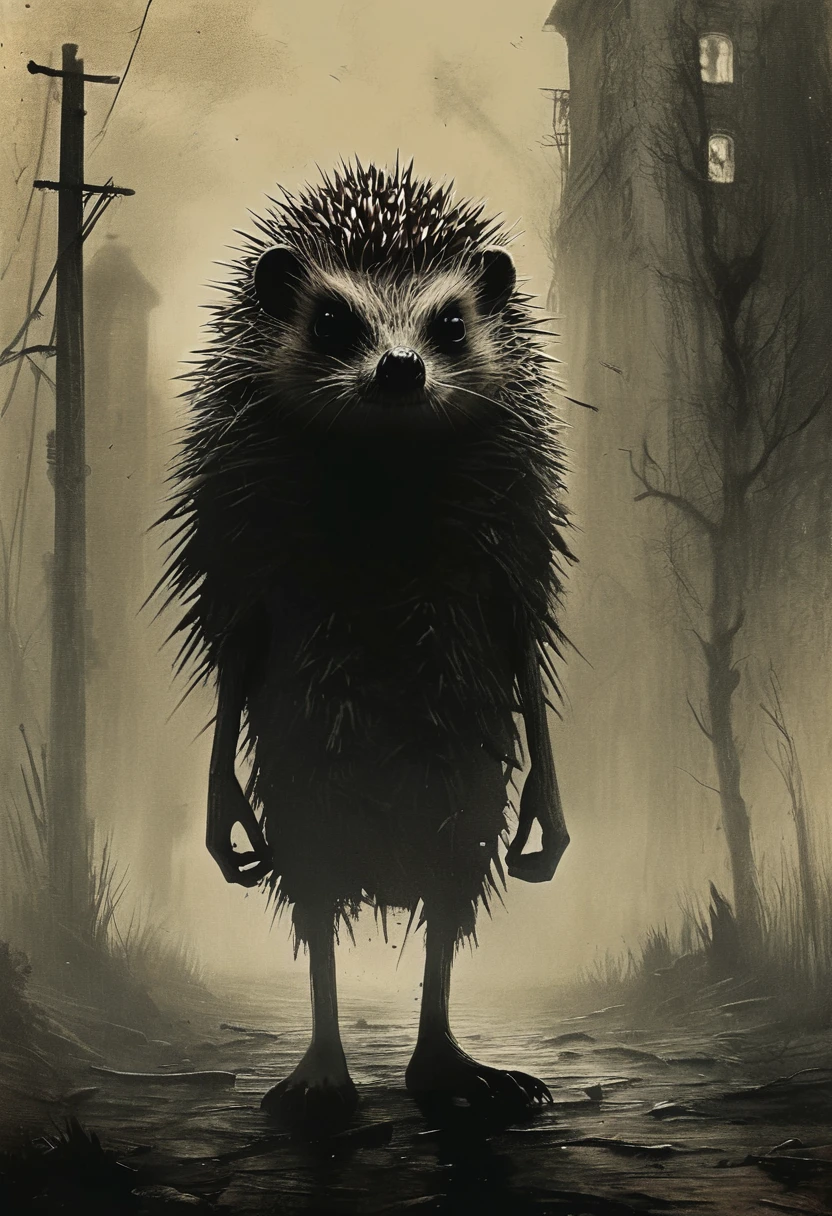 Soviet animation. Fairytale character. Hedgehog in the fog. Horror. Screamer, sepia, creepypasta, hopelessness, it’s all over. Ashley Wood style, dark scarlet, monochrome, (minimalism: 1), ray tracing details. Style by Stephen Gammell.
