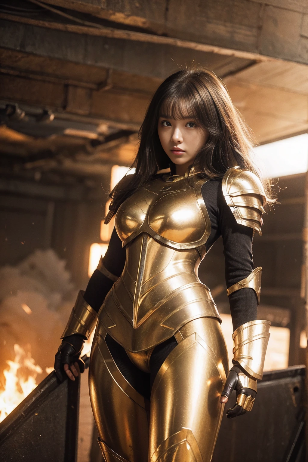 (Masterpiece), (Best Quality), (1 Girl), Girl in Golden Armor, Cool Pose, Battlefield Background, Fire Background, Saint Seiya Armor, Messy Hair, Broken Armor, Ragged Clothes