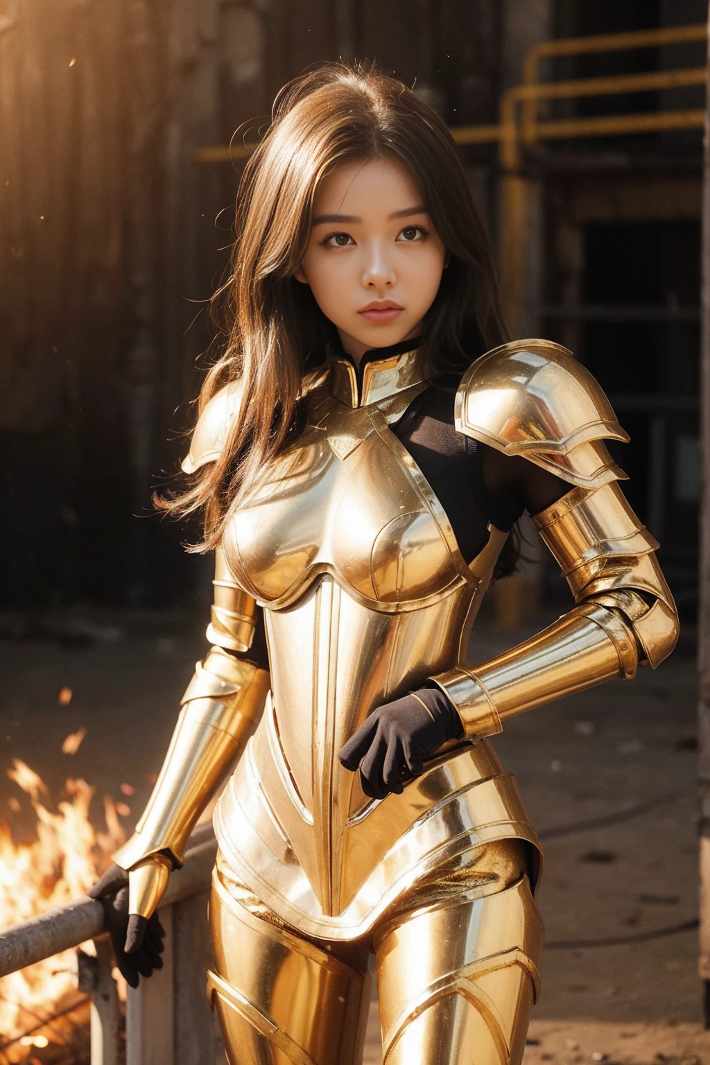 (Masterpiece), (Best Quality), (1 Girl), Girl in Golden Armor, Cool Pose, Battlefield Background, Fire Background, Saint Seiya Armor, Messy Hair, Broken Armor, Ragged Clothes