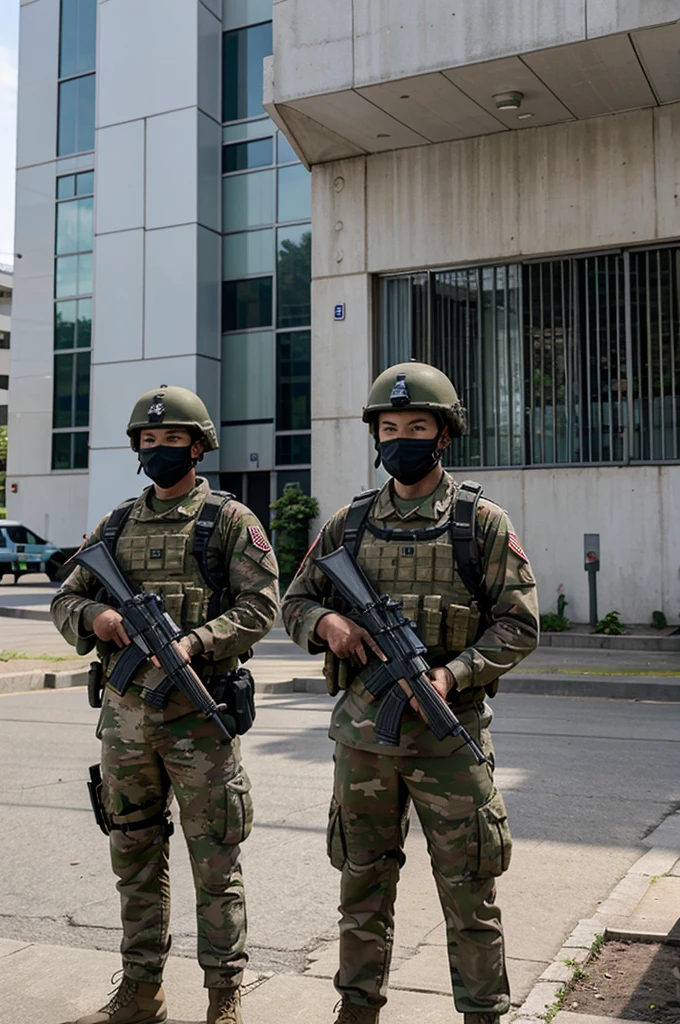 A group of soldiers stand guard in front of the KPU building for the 2024 regional elections