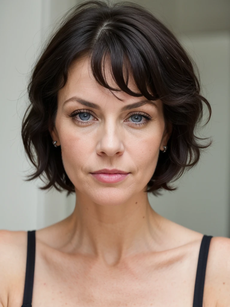 Milfylinda, Mc-linda, mc_linda, linda, a middle aged woman with short black hair, blue eyes, strong jawline, full lips, close-up face portrait, looking straight at the camera, milf