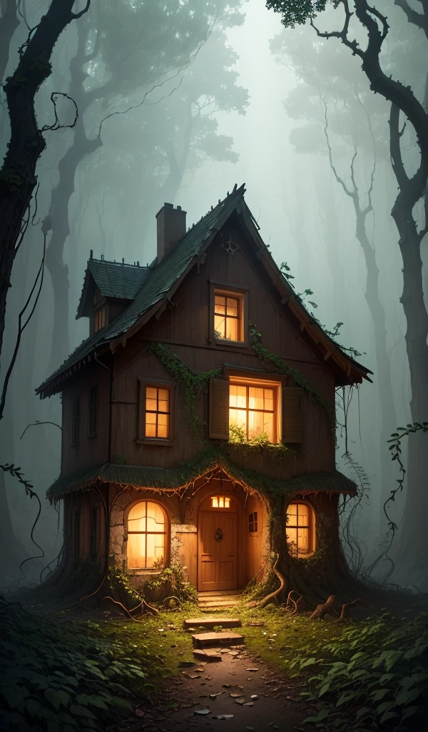 (anime, digital paint, destroyed gingerbread house, remnants of candy and sweets scattered around, eerie and dark atmosphere, forest reclaiming the area with vines and plants growing over the ruins, sense of nature taking over)