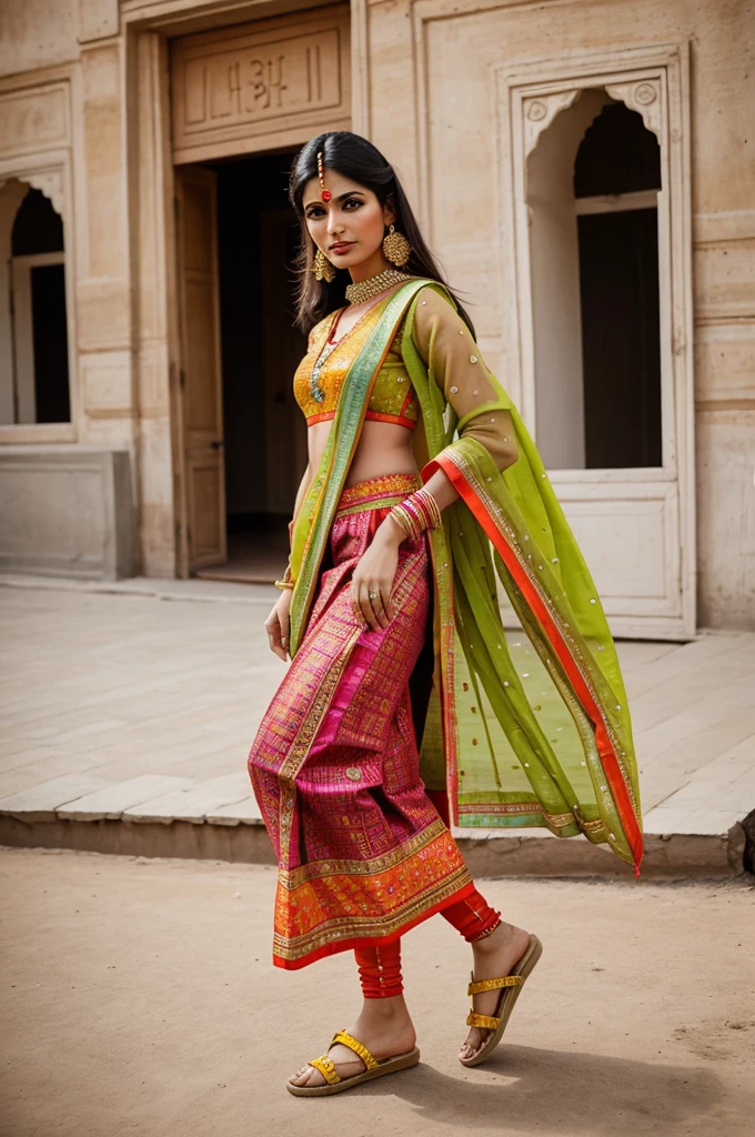 Generate an image of a Punjabi woman at Paris Fashion Week. She is dressed in a vibrant Patiala suit adorned with Phulkari embroidery. Her look is completed with traditional juttis and a maang tikka. The runway setting is modern and chic, reflecting Parisian fashion aesthetics.