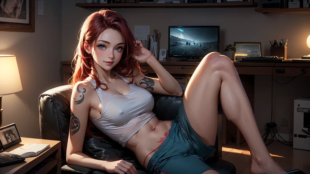 Create a high-quality, detailed image of a beautiful, anime lofi girl with long red hair, bright blue eyes, and a smile, sitting at her gaming PC in her cozy room. She has tattoos and wears a sexy see through tank top, showing her midriff with sleep shorts. The warm, inviting scene includes soft ambient lighting, comfortable seating, and a high-end PC setup with multiple monitors and RGB lighting. The setting is illuminated by a small lamp, creating a serene and intimate atmosphere (HIGH QUALITY)