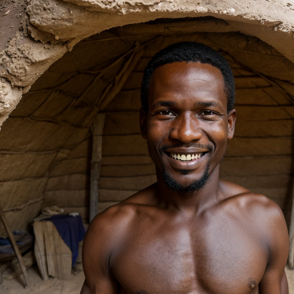 Happy haitian man with a enormous nose in a clay hut