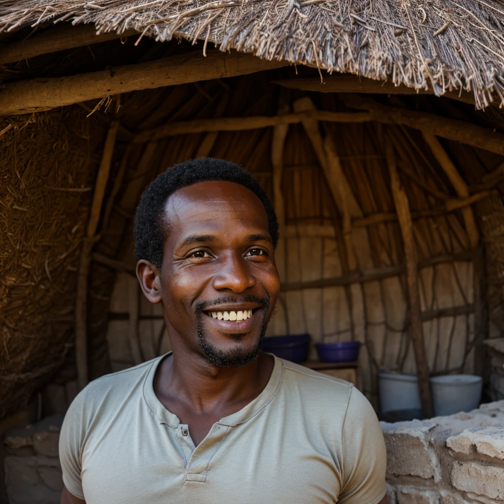 Happy haitian man with a enormous nose in a clay hut