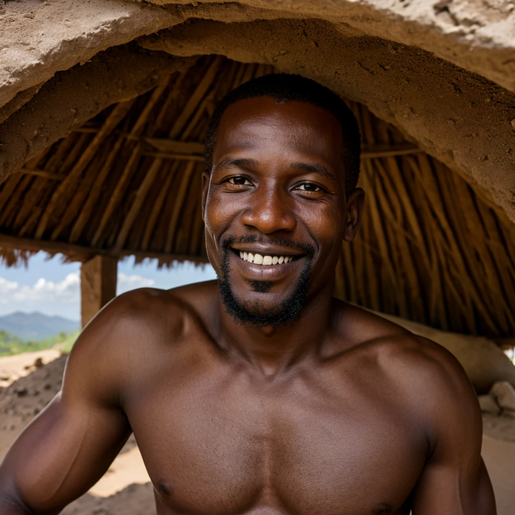 Happy haitian man with a enormous nose in a clay hut