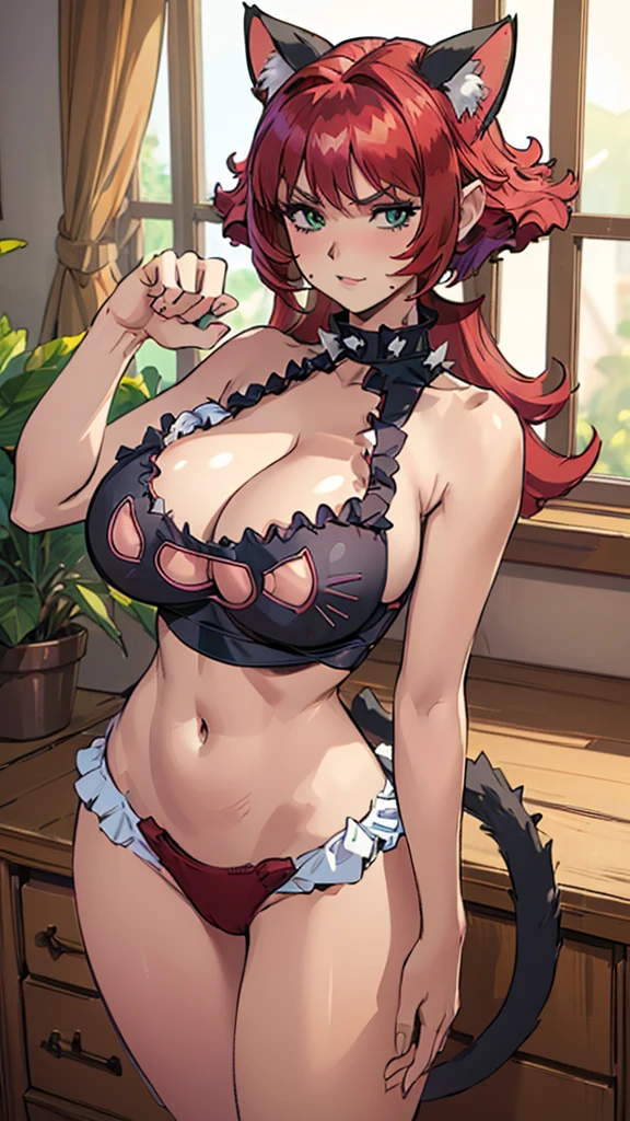 (masterpiece, best quality, ultra-detailed, adult, Cala, 1girl, solo)(edgcatlingerie, wearing edgcatlingerie, cat cutout, cleavage cutout,) (huge_breasts, large breasts)(smiling, winking, red hair, spiky hair, full body, looking at the viewer, female focus)