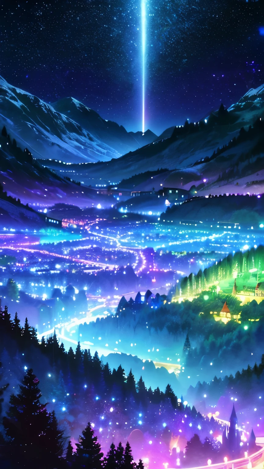 dreamy, colorful, whimsical, magical, masterpiece, best quality, sharp focus, intricately detailed environment, fine detail, 8k resolution, glowing lights,dark,galaxy, village,forest