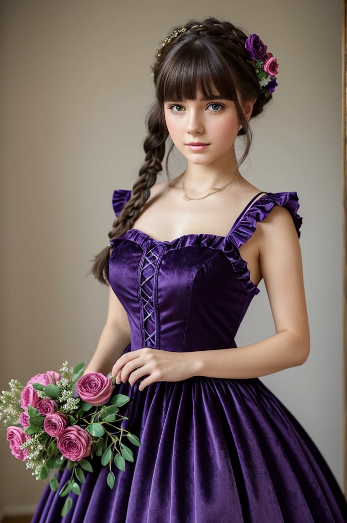 very beautiful girl, Russian,18 years, long dress, High quality fabrics, blue-violet ball gown, pleated, Flounced, puffs, velvet, embroidery, braid, artificial flowers, buttons, ruffles, apron-shaped folds, as well as various jewelry, a lot of fabric, Decoration Materials; Have bangs, Hair dark brown, pretty haircut; 19th century, "color photography"