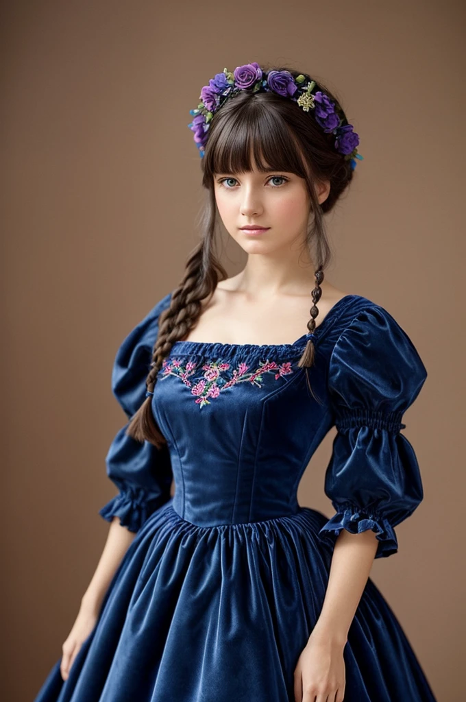 very beautiful girl, Russian,18 years, long dress, High quality fabrics, blue-violet ball gown, pleated, Flounced, puffs, velvet, embroidery, braid, artificial flowers, buttons, ruffles, apron-shaped folds, as well as various jewelry, a lot of fabric, Decoration Materials; Have bangs, Hair dark brown, pretty haircut; 19th century, "color photography"