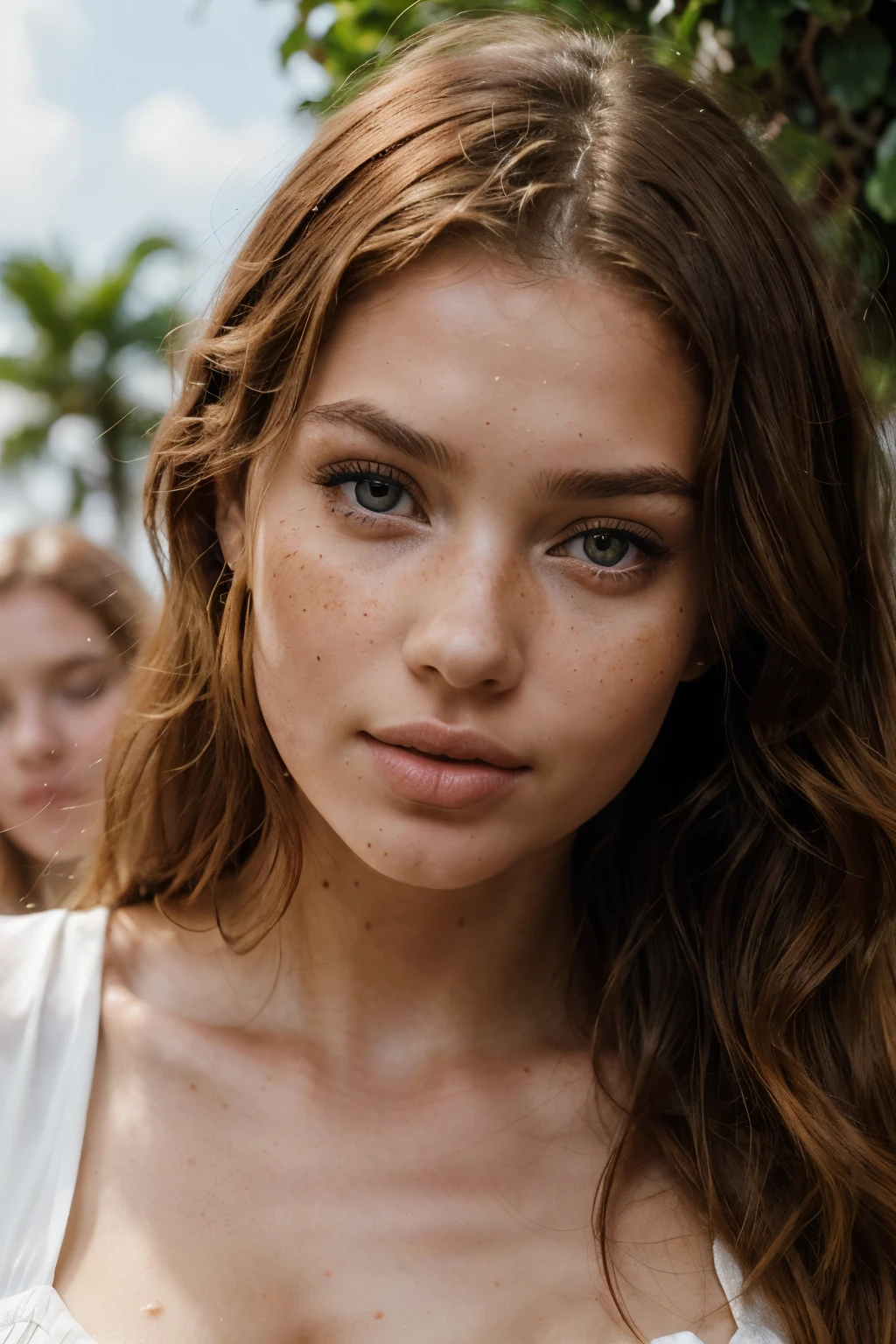 une jeune fille mince et jeune de 20 ans, With a face similar to that of actress Adriana Lima, model, ultra-realistic, with luminous, wavy red hair, yeux verts, light freckles, Stunning, Tout le corps, (blissful), (tranquil), (beautiful dress), out with friends