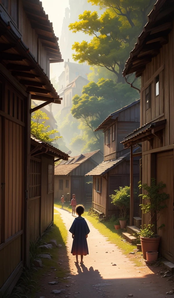 (anime, digital paint, children finding their way back home, village in the distance, hopeful expressions, early morning light breaking through, sense of new beginnings and safety)